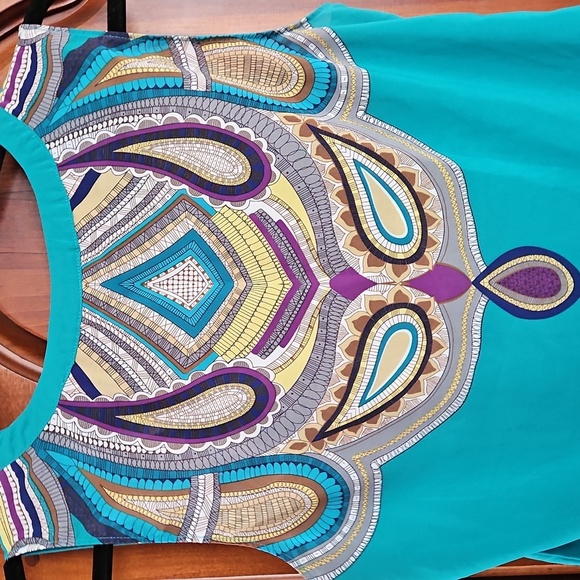 Nicole Miller Paisley Embellished, Colorful Teal Sleeveless Blouse, Sz L - Picture 6 of 7